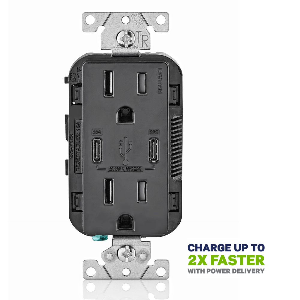 Leviton T5635-E 15 Amp, 125 Volt, Decora Tamper-Resistant Outlet. NEMA 5-15R, 30W (6 Amps), Dual Type-C/C Power