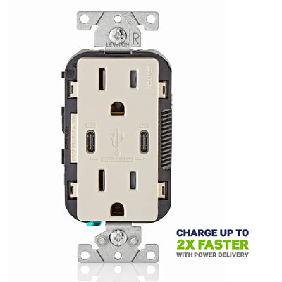 Leviton T5635-T 15 Amp, 125 Volt, Decora Tamper-Resistant Outlet. NEMA 5-15R, 30W (6 Amps), Dual Type-C/C