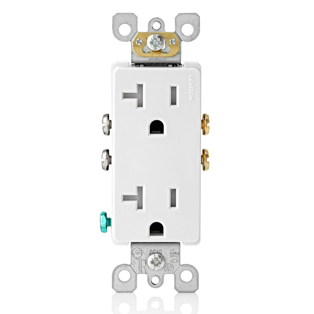 Leviton T5825-W Ultrasonically welded, 20A Tamper-Resistant, Decora duplex receptacle/outlet. Residential grade, NEMA
