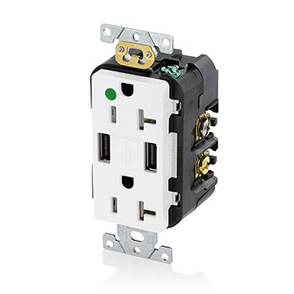 Leviton T5832-HGW 20 A 125 VAC Heavy-Duty Hospital Grade Tamper Resistant 18W Type A USB Receptacle Outlet White