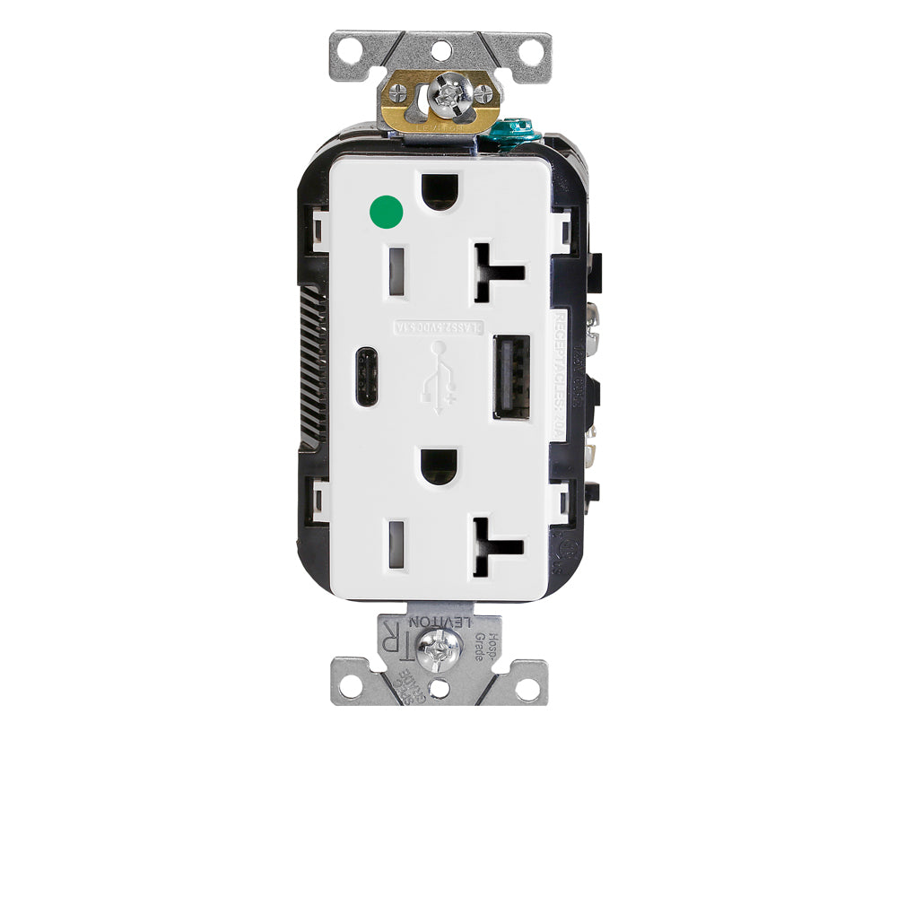 Leviton T5833-HGW 20 A 125 VAC Heavy-Duty Hospital Grade 25+W Type A / C USB Receptacle Outlet White
