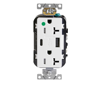Leviton T5833-HGW 20 A 125 VAC Heavy-Duty Hospital Grade 25+W Type A / C USB Receptacle Outlet White