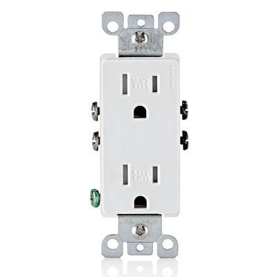 Leviton W5325-T0W White – 15 Amp, 125 Volt, NEMA: 5-15R, Pole: 2, 3-Wire, Weather and Tamper-Resistant, Decora, Duplex