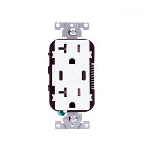 Leviton T5837-W White – 20 Amp, 125 Volt, Decora Tamper-Resistant Outlet. NEMA 5-20R, 30W (6 Amps), Dual Type-C/C USB