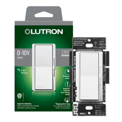 Lutron Diva 0-10V Dimmer Switch, 8A, 50mA Sink, Single-Pole/3-Way, No Neutral Required, 120V, DVSTV-WH, White
