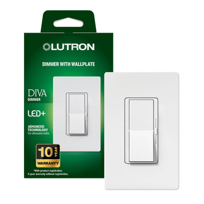 Lutron Diva LED+ Dimmer Switch with Wall Plate, 150W LED, Single Pole/3-Way, No Neutral Required, 120V, DVWCL-153PH-WH, White