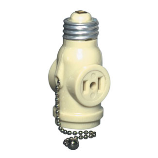 Leviton 1406-I Indoor 660 Watt, 125 Volt, 2-Pole, 2-Wire Pull Chain Lampholder with 2 Outlets. Pull chain controls