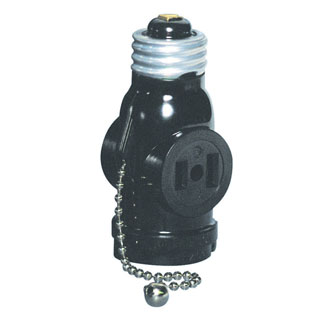 Leviton 1406 Indoor 660 Watt, 125 Volt, 2-Pole, 2-Wire Pull Chain Lampholder with 2 Outlets. Pull chain controls